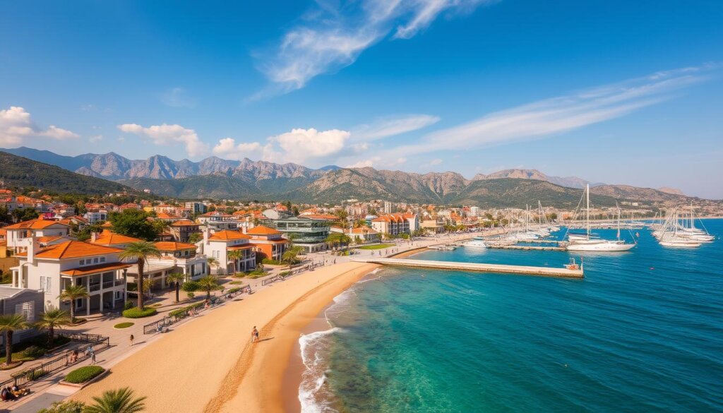 A picturesque Mediterranean coastal town, Alanya's stunning seaside villas and apartments nestled against a backdrop of rugged mountains. Crystalline azure waters lap gently at the golden sandy beaches, as the sun casts a warm, golden glow over the terracotta rooftops and palm-lined promenades. Elegant high-rise condos with panoramic views overlook the bustling harbor, where private yachts and fishing boats sway in the gentle breeze. The air is filled with the tantalizing aromas of local cuisine, as people stroll the lively streets, creating a vibrant, inviting atmosphere for anyone seeking the perfect property investment.