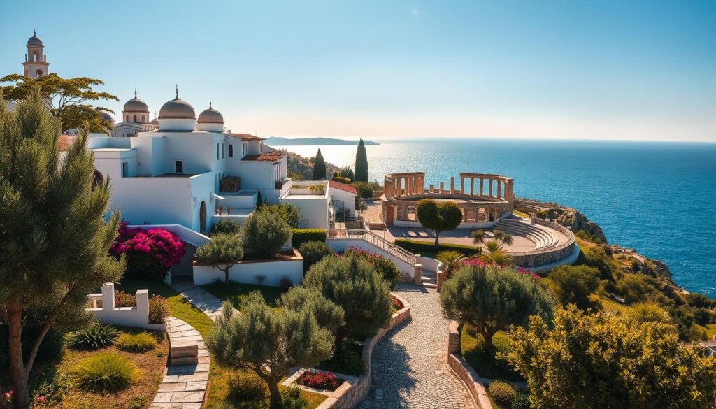 A picturesque Mediterranean scene of white villas nestled among ancient ruins and lush greenery in the seaside town of Side, Turkey. The sun casts a warm golden glow, illuminating the traditional Ottoman-style architecture with its domed roofs and arched windows. In the foreground, cobblestone pathways wind through well-manicured gardens, lined with fragrant olive trees and colorful bougainvillea. The middle ground features the iconic Roman-era amphitheater and temple ruins, a testament to Side's rich cultural heritage. In the distance, the shimmering azure waters of the Mediterranean Sea meet the horizon, creating a serene and inviting atmosphere. Captured with a wide-angle lens to showcase the harmonious blend of nature, history, and modern living.