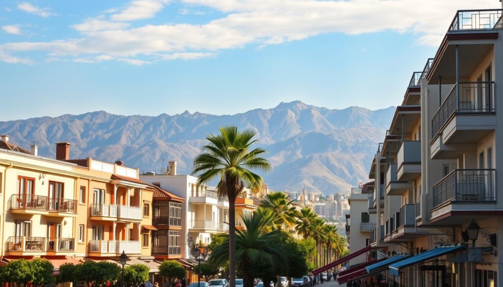 A picturesque Mediterranean townscape in Antalya, Turkey. In the foreground, a row of charming, well-maintained apartment buildings with balconies overlooking a bustling street. The buildings feature a harmonious mix of traditional Turkish architectural elements and modern design touches. In the middle ground, palm trees sway gently, casting dappled shadows on the pavements below. In the background, the iconic silhouette of the Taurus Mountains rises majestically, their peaks bathed in warm, golden sunlight. The scene conveys a sense of comfort, livability, and the potential for a rewarding long-term rental experience in this vibrant coastal city.