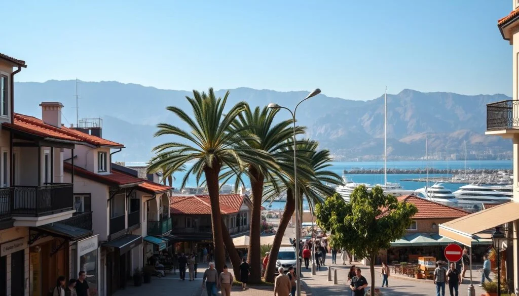 A picturesque Mediterranean townscape set against the backdrop of the Taurus Mountains. In the foreground, a quaint street lined with traditional Turkish architecture, terracotta roofs, and ornate balconies. Locals stroll along the cobblestone walkways, capturing the vibrant essence of Antalya. In the middle ground, lush palm trees sway gently, casting soft shadows on the bustling marketplace. Sunlight filters through, illuminating the intricate facades and sparkling waters of the nearby harbor. The background showcases the stunning natural beauty of the region, with the majestic mountains rising majestically in the distance. An atmospheric scene that captures the allure of investing in Antalya's thriving real estate market.