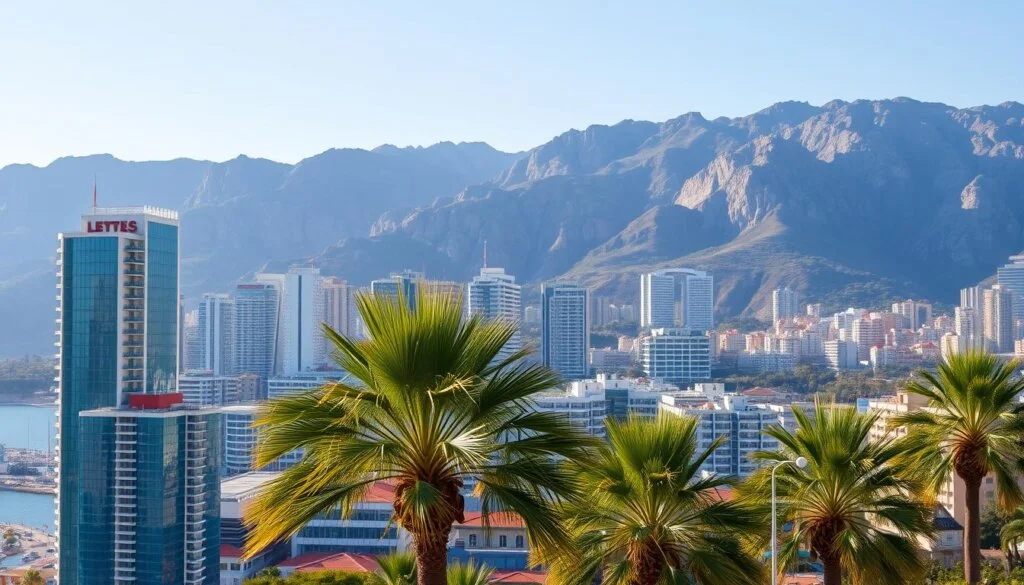 A picturesque coastal city in southern Turkey, Antalya's shimmering Mediterranean skyline is dotted with high-rise buildings and modern residential developments, signaling its prime potential for property investment. In the foreground, sleek glass-and-steel towers reflect the warm glow of the sun, while in the middle ground, lush green palm trees sway gently in the breeze, adding a touch of tropical ambiance. The background is dominated by the dramatic, rugged mountains that frame the city, creating a stunning natural backdrop for this thriving real estate hub. The image conveys a sense of urban sophistication and natural beauty, capturing the allure of Antalya as an ideal location for those seeking to invest in Turkish property.