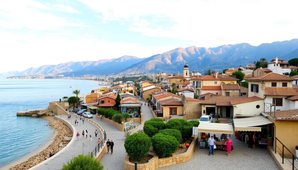 A picturesque old town overlooking a serene Mediterranean beach, with traditional Turkish architecture and winding cobblestone streets. In the foreground, vendors sell local produce and handicrafts, while in the middle ground, people stroll along the promenade, taking in the stunning views. In the background, the Taurus Mountains rise majestically, their peaks bathed in warm, golden light. The scene is imbued with a sense of timelessness and tranquility, capturing the essence of Side, Turkey, a prime location for property investment.