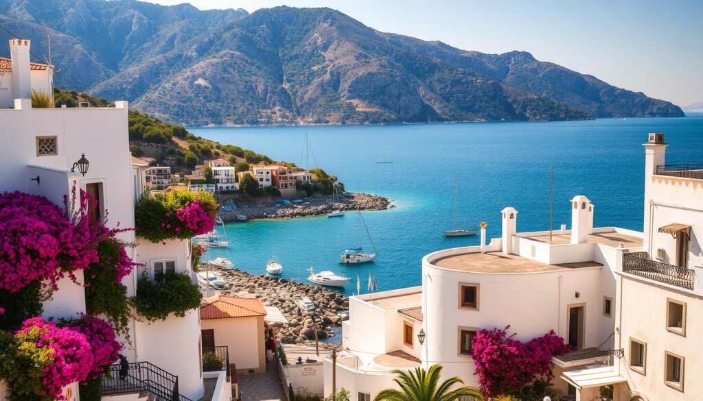 A picturesque seaside town in the Kas region of Turkey, "Kas Mediterranean Gem" is a charming coastal haven. The foreground captures the iconic white-washed buildings with their distinct Mediterranean architecture, adorned with vibrant bougainvillea cascading down the facades. In the middle ground, the sparkling azure waters of the Aegean Sea gently lap against the rocky shoreline, dotted with small fishing boats and yachts. The background features the rugged, pine-clad mountains that rise majestically, creating a stunning natural backdrop. Soft, warm lighting bathes the scene in a golden glow, highlighting the town's timeless allure and inviting the viewer to step into this idyllic Mediterranean setting.