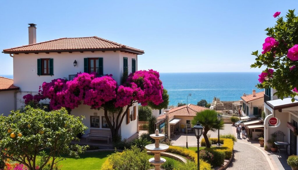A picturesque seaside villa nestled in the charming town of Side, Turkey. The two-story Mediterranean-style building stands majestically, its whitewashed walls and terracotta roof tiles gleaming in the warm Mediterranean sun. Lush bougainvillea cascades over the balcony, adding a vibrant splash of color. In the foreground, a well-manicured garden with fragrant citrus trees and a bubbling fountain invites visitors to relax and soak in the serene atmosphere. The middle ground reveals a cobblestone street lined with traditional Turkish shops and cafes, bustling with local life. In the distance, the sparkling azure waters of the Aegean Sea and the ancient ruins of the Greco-Roman city of Side create a stunning backdrop, evoking the rich history of this coastal gem.