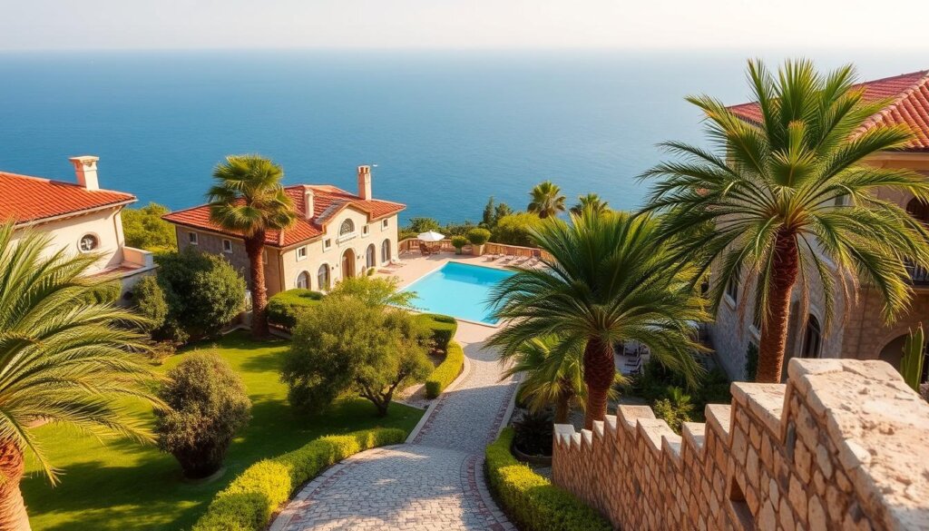 A picturesque villa nestled in the charming town of Side, Turkey, bathed in the warm glow of the Mediterranean sun. The ornate facade is adorned with intricate architectural details, from the arched windows to the terracotta roof tiles. A lush, manicured garden surrounds the villa, with palm trees swaying gently in the breeze. In the foreground, a cobblestone path leads up to the villa's entrance, inviting visitors to explore its timeless elegance. The middle ground features a tranquil swimming pool, surrounded by a patio where residents can relax and soak up the serene atmosphere. In the background, the azure waters of the Aegean Sea shimmer, creating a breathtaking backdrop to this idyllic villa scene.
