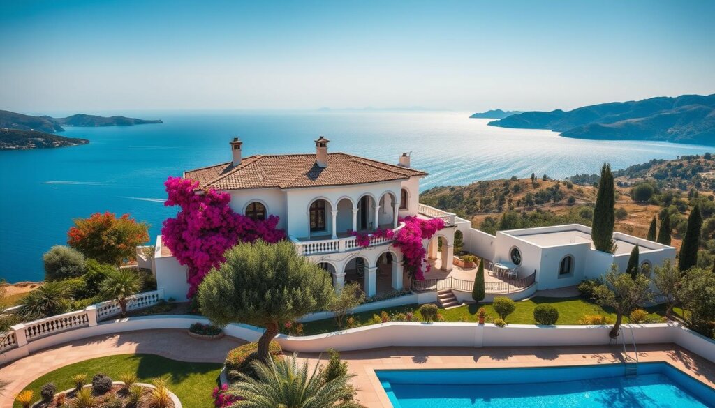 A picturesque villa nestled in the enchanting town of Kalkan, Turkey. The villa sits atop a hillside, offering a breathtaking panoramic view of the shimmering azure Mediterranean Sea. The elegant white-washed facade is adorned with intricate arches and balconies, exuding a timeless Mediterranean charm. Lush, fragrant bougainvillea cascades down the walls, adding a vibrant pop of color. In the foreground, a meticulously manicured garden boasts a sparkling blue-tiled pool, inviting visitors to bask in the warm Turkish sun. Surrounding the villa, the rolling hills are dotted with olive groves and cypress trees, creating a serene and tranquil atmosphere. Soft, warm lighting bathes the scene, evoking a sense of relaxation and luxury. This idyllic villa represents the epitome of Kalkan's coveted real estate, offering a harmonious blend of natural beauty and sophisticated living.