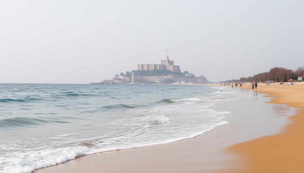 A picturesque winter scene unfolds on the sun-drenched shores of Alanya, Turkey. The golden sand glistens, contrasting with the deep blue of the Mediterranean Sea. In the foreground, gentle waves lap against the coastline, their rhythmic motion soothing the senses. In the distance, the iconic Alanya Castle stands tall, its ancient walls bearing witness to the passage of time. The sky is a soft, muted gray, casting a serene, tranquil atmosphere over the entire landscape. A few beachgoers stroll along the water's edge, enjoying the mild winter weather and the solitude of the off-season. The scene evokes a sense of calm and relaxation, inviting the viewer to imagine themselves immersed in the peaceful ambiance of Alanya's beaches during the winter months.