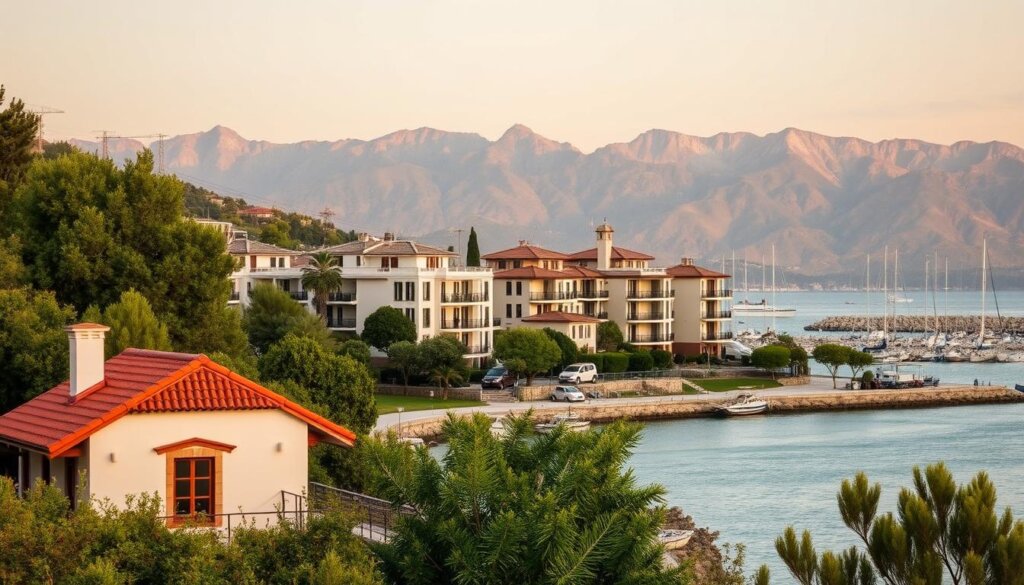 A scenic coastal town nestled between mountains and the shimmering Aegean Sea, Fethiye offers budget-friendly property investment opportunities. In the foreground, a quaint traditional Turkish house with whitewashed walls and a red tiled roof sits amidst lush greenery. In the middle ground, modern apartment buildings with balconies overlooking the harbor come into view, their clean lines and neutral tones suggesting an affordable yet attractive aesthetic. In the background, the majestic Taurus Mountains provide a dramatic backdrop, their rugged peaks bathed in warm, golden sunlight. The overall atmosphere is one of tranquility, natural beauty, and accessible, comfortable living – an inviting prospect for savvy property investors seeking a Mediterranean lifestyle on a budget.