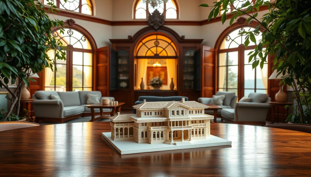 A serene Mediterranean villa nestled in the charming coastal town of Alanya, Turkey. Warm sunlight filters through the ornate windows, illuminating the elegant interior featuring rich, polished wood furnishings and plush, inviting seating. In the foreground, a detailed architectural model of the villa sits atop a polished wood table, inviting the viewer to envision the property's luxurious amenities. Framed by lush, verdant foliage outside, the image conveys the tranquility and exclusivity of Alanya's premier real estate offerings, perfectly capturing the essence of "A Comprehensive Buyer's Guide" for those seeking to invest in this captivating Turkish destination.
