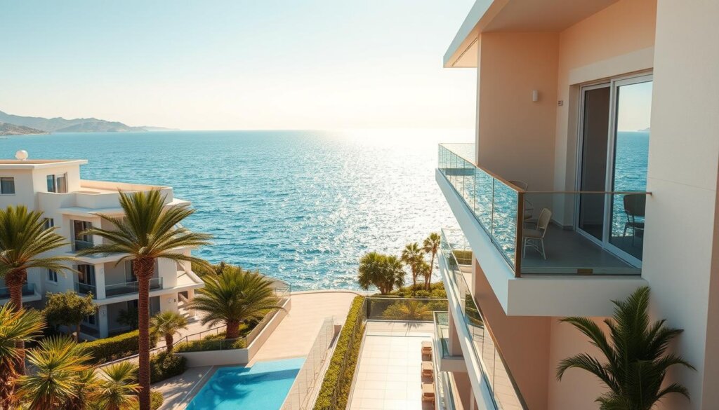 A serene seaside vista, capturing the essence of luxurious Turkish apartments overlooking the sparkling azure waters of the Aegean. A sun-drenched coastal setting, with modern, well-appointed buildings nestled amidst lush palm trees and vibrant greenery. Elegantly designed balconies and terraces offer panoramic views of the gently lapping waves and distant horizons. The warm Mediterranean light casts a soft, golden glow, creating a tranquil and inviting atmosphere. Crisp, high-resolution details reveal the quality craftsmanship and premium amenities that define these desirable sea view residences, perfect for those seeking a sophisticated coastal lifestyle in Türkiye.