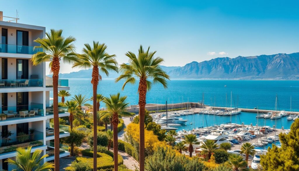 A serene, sun-drenched Mediterranean landscape in Alanya, Turkey. In the foreground, a modern apartment building with sleek, contemporary architecture and balconies overlooking the sparkling azure waters of the sea. Towering palm trees sway in the gentle breeze, complementing the lush, vibrant greenery surrounding the property. In the middle ground, a bustling marina filled with pristine yachts and sailboats, reflecting the region's thriving tourism industry. In the distant background, the majestic Taurus Mountains rise, framing the scene with their rugged, snow-capped peaks. The warm, golden light of the sun bathes the entire composition, creating a sense of tranquility and prosperity that captures the financial advantages of investing in Alanya real estate.
