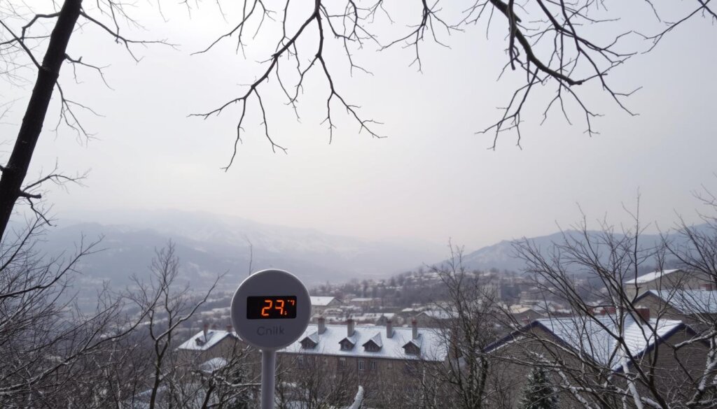 A serene wintry scene in Alanya, Turkey. In the foreground, a thermometer displays the chilly temperature, its digital readout casting a soft glow. Surrounding it, a tapestry of snow-capped mountains and bare, skeletal trees, their branches reaching towards a hazy, overcast sky. In the middle ground, a quaint town nestled amidst the rolling hills, its rooftops dusted with a delicate layer of snow. The overall atmosphere is one of tranquility and stillness, conveying the quiet beauty of Alanya's winter climate.
