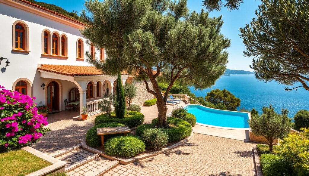 A sprawling Mediterranean villa nestled in the lush foliage of Kas, Turkey. The sun-drenched façade is adorned with intricate arched windows and a terracotta tiled roof that blends seamlessly with the surrounding hills. A cobblestone path leads to the villa's entrance, flanked by fragrant bougainvillea and olive trees. The interior is bathed in warm, natural light, with high ceilings, crisp white walls, and rich, wooden accents. A stunning infinity pool overlooks the sparkling azure waters of the Aegean Sea, framed by a meticulously landscaped garden. Capturing the essence of relaxed coastal living, this villa embodies the idyllic lifestyle of Kas, Turkey.