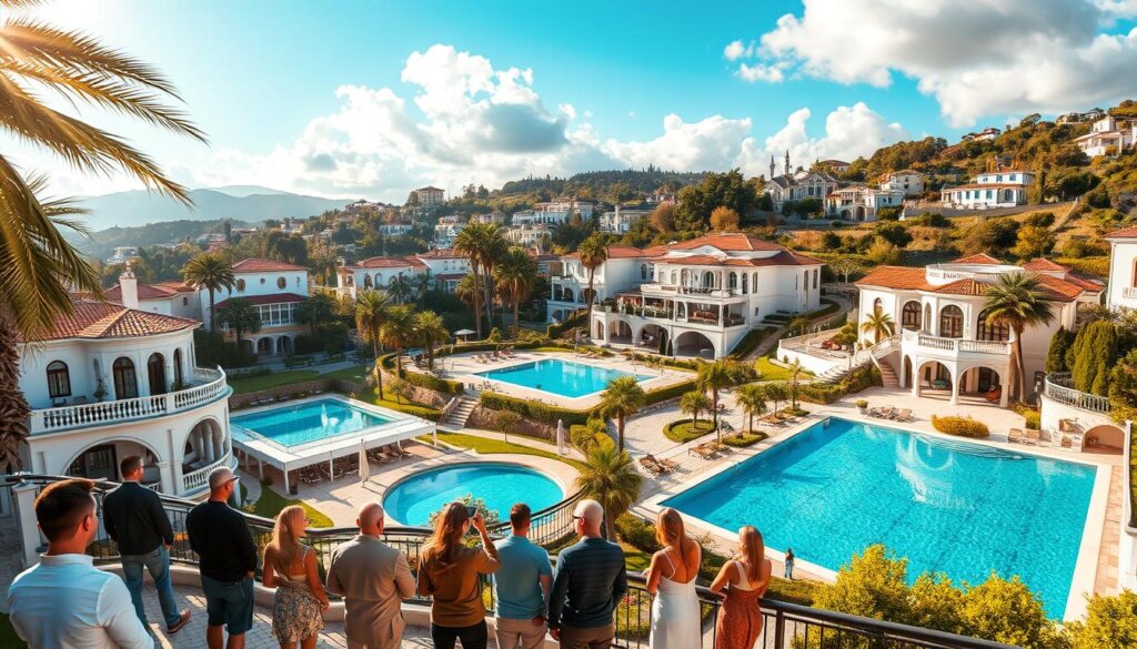 A sprawling estate of luxury villas nestled in the picturesque hills of Istanbul, bathed in warm golden sunlight filtering through lush palm trees. Elegant Mediterranean-style architecture with crisp white facades, terracotta roofs, and ornate archways. Pristine swimming pools reflecting the cloudless azure sky, surrounded by impeccably manicured gardens and cobblestone pathways. In the foreground, a group of affluent residents admiring the breathtaking views from their private balconies. The atmosphere exudes an air of exclusivity, opulence, and tranquility, capturing the essence of the high-end villa lifestyle.