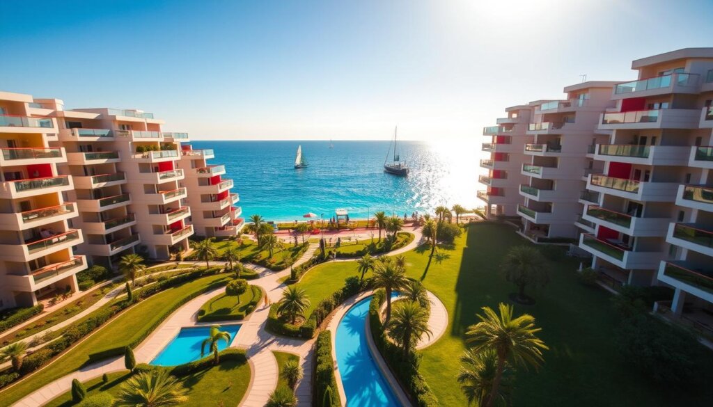 A sprawling sea view apartment complex nestled along the picturesque coastline of Side, Manavgat. Sleek, modern buildings with balconies and terraces overlooking the shimmering azure waters of the Mediterranean. Lush, well-manicured gardens and pathways wind through the property, creating a serene, resort-like atmosphere. Warm, golden sunlight bathes the scene, casting long shadows and highlighting the crisp, architectural details. Sailboats and yachts dot the horizon, contributing to the tranquil, coastal ambiance. The image conveys a sense of luxury, relaxation, and the allure of Manavgat's coveted seaside real estate.