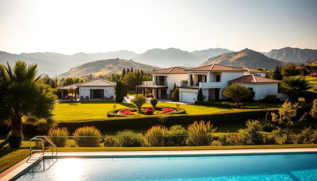 A sprawling villa complex nestled in the picturesque Turkish countryside, surrounded by lush greenery and rolling hills. In the foreground, a sparkling private pool reflects the warm, golden sunlight. The villa's clean, modern architecture blends seamlessly with the natural landscape, creating a serene and inviting atmosphere. The middle ground features a well-manicured garden with vibrant flowers and meticulously trimmed hedges. In the background, the silhouettes of nearby mountains hint at the broader, awe-inspiring vistas beyond. The image is bathed in a soft, diffused lighting, casting gentle shadows and highlighting the villa's sleek, understated elegance. This budget-friendly yet luxurious property embodies the essence of affordable Turkish villa living.