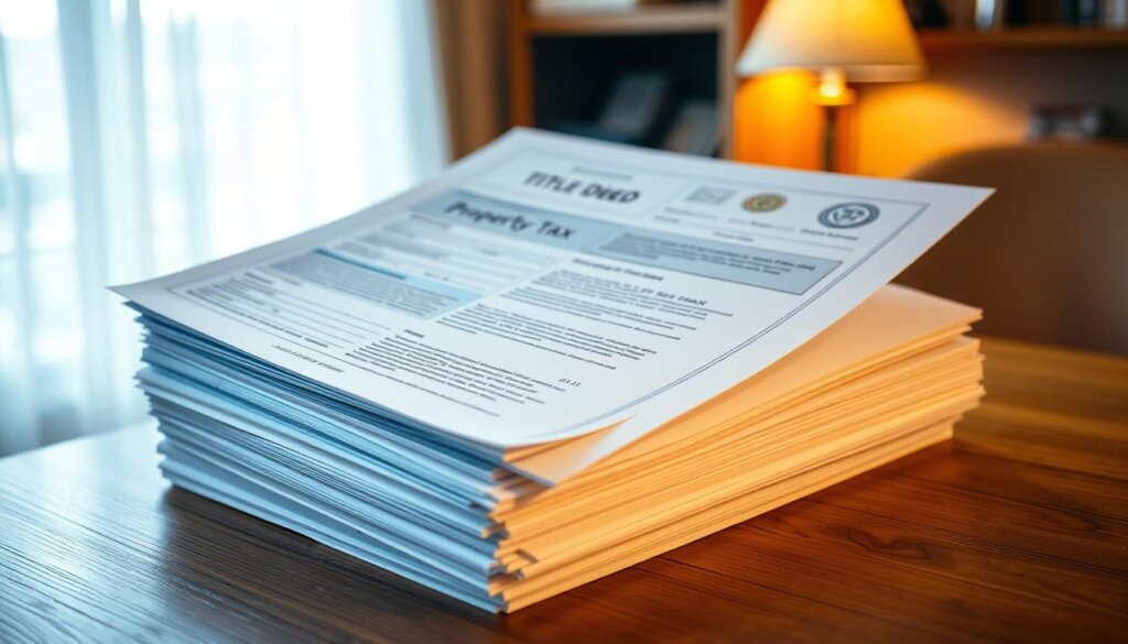 A stack of official documents, including a title deed, property tax forms, and cadastral maps, neatly arranged on a wooden desk in a cozy, well-lit home office. The documents are backlit, creating a soft, warm glow that highlights the intricate details and seals. The background is slightly blurred, drawing the viewer's attention to the important legal paperwork, symbolizing the careful attention required when navigating property transactions in Alanya, Turkey.