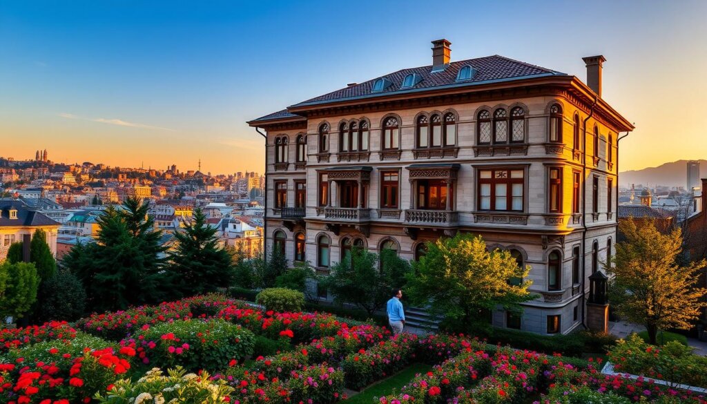 A stately Turkish building, its facade adorned with intricate Ottoman-inspired architectural details, stands proud against a backdrop of a bustling city skyline. The warm, golden light from the setting sun casts a gentle glow, illuminating the ornate window frames and ornamental balconies. In the foreground, a meticulously manicured garden is dotted with vibrant flowers, complementing the timeless elegance of the property. The scene conveys a sense of grandeur and historical significance, inviting the viewer to imagine the legal requirements and documentation necessary to secure such a prestigious real estate investment in Turkey.