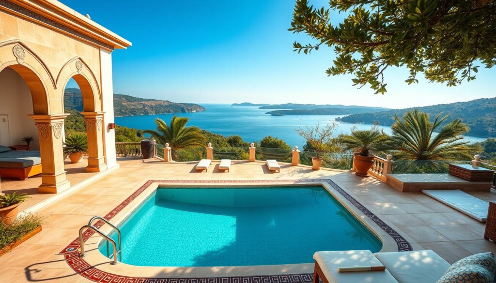 A stunning Turkish villa nestled on a picturesque hillside, overlooking a tranquil bay. The sun-drenched terrace offers panoramic views of the turquoise waters and verdant olive groves. The villa's elegant architecture blends seamlessly with its natural surroundings, featuring intricate arched doorways, ornate tile work, and a cozy private pool. Inside, the interiors are furnished with plush, traditional decor, creating a serene and inviting atmosphere. Warm, soft lighting filters through the large windows, accentuating the villa's luxurious and well-appointed amenities. The serene setting and the villa's impressive rental potential are captured in a wide, high-angle shot that showcases the property's breathtaking location and unparalleled charm.