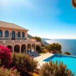 A stunning luxury villa nestled in the picturesque town of Kalkan, Turkey. The villa sits atop a cliffside, overlooking the sparkling azure waters of the Mediterranean Sea. The grand, two-story structure is adorned with intricate architectural details, including arched windows, a terracotta tile roof, and a sprawling balcony that offers panoramic views of the coastline. The lush, meticulously landscaped gardens surrounding the villa are filled with vibrant bougainvillea, fragrant olive trees, and a sparkling infinity pool that seamlessly blends with the horizon. Warm, golden sunlight filters through the air, casting a serene, inviting atmosphere over the entire scene. This villa represents the epitome of sophisticated, Mediterranean-inspired luxury living in the idyllic town of Kalkan.