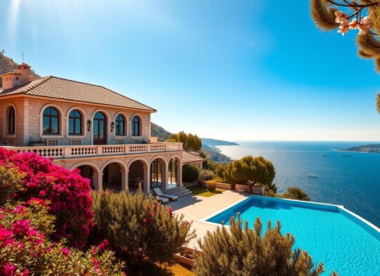 A stunning luxury villa nestled in the picturesque town of Kalkan, Turkey. The villa sits atop a cliffside, overlooking the sparkling azure waters of the Mediterranean Sea. The grand, two-story structure is adorned with intricate architectural details, including arched windows, a terracotta tile roof, and a sprawling balcony that offers panoramic views of the coastline. The lush, meticulously landscaped gardens surrounding the villa are filled with vibrant bougainvillea, fragrant olive trees, and a sparkling infinity pool that seamlessly blends with the horizon. Warm, golden sunlight filters through the air, casting a serene, inviting atmosphere over the entire scene. This villa represents the epitome of sophisticated, Mediterranean-inspired luxury living in the idyllic town of Kalkan.