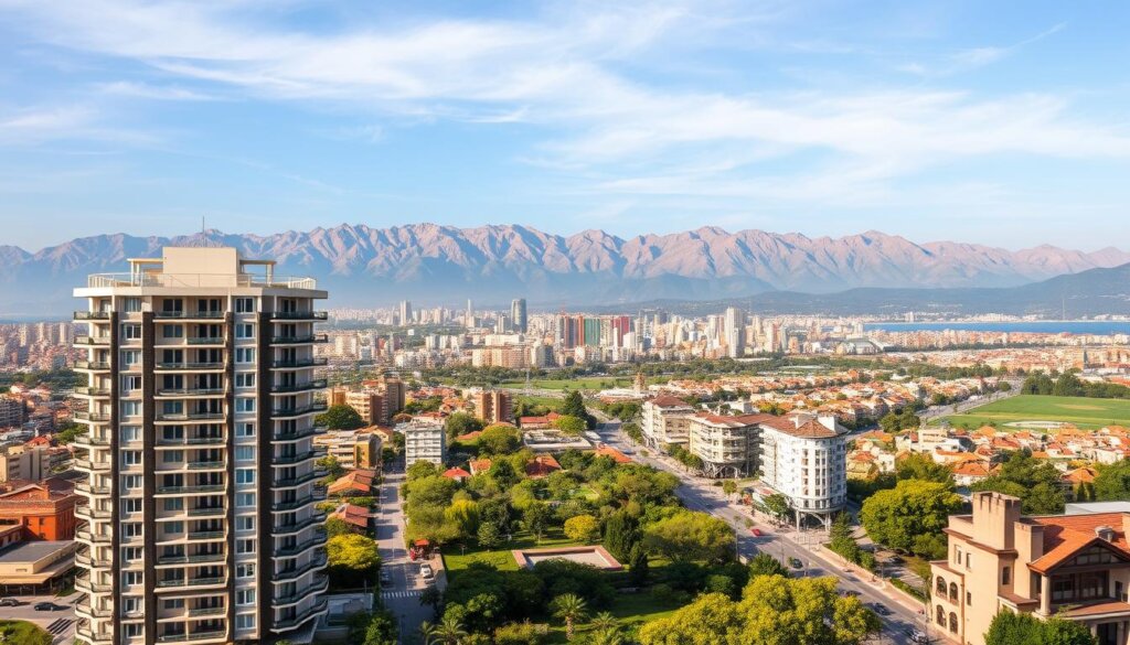 A stunning panoramic view of the historic city of Antalya, Turkey. In the foreground, a modern residential building stands proudly, showcasing the city's dynamic real estate landscape. In the middle ground, lush green parks and bustling streets create a vibrant urban atmosphere. The distant skyline is dominated by the iconic Taurus Mountains, their rugged peaks bathed in warm, golden sunlight. The scene exudes a sense of prosperity and progress, reflecting the city's thriving economy and the potential for property owners to benefit from tax exemptions and discounts. The image is captured with a wide-angle lens, highlighting the grandeur and scale of the cityscape, inviting the viewer to imagine the opportunities available for property investment and tax optimization in this captivating Turkish destination.