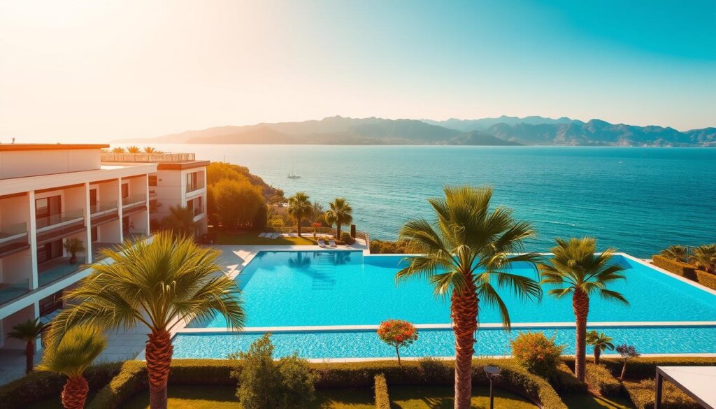 A stunning sea view apartment complex in Alanya, Turkey, nestled along the crystal-clear Mediterranean coastline. The sun-drenched front facade features a blend of modern and traditional architectural elements, with clean lines, large windows, and a mix of light and dark tones that create a harmonious, inviting aesthetic. In the foreground, a well-manicured garden with palm trees and lush greenery leads to a sparkling infinity pool that appears to seamlessly blend with the azure waters of the sea beyond. In the distance, the dramatic Taurus Mountains rise up, providing a picturesque backdrop to this idyllic coastal setting. The warm, golden lighting and soft, hazy atmosphere evoke a sense of relaxation and tranquility, perfectly capturing the benefits of living by the sea in this charming Turkish riviera town.