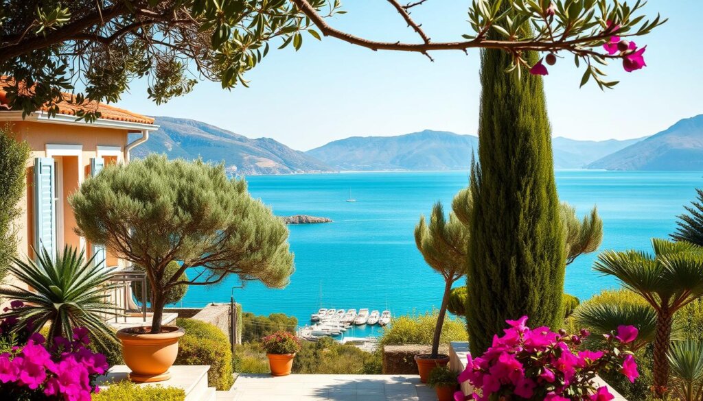 A sun-drenched Mediterranean villa nestled amidst lush, verdant gardens, overlooking the tranquil turquoise waters of the Aegean Sea. In the foreground, a terrace adorned with potted olive trees and vibrant bougainvillea, inviting visitors to relax and soak in the coastal splendor. The middle ground reveals a picturesque harbor, where traditional fishing boats gently sway in the light breeze. Framing the scene, the distant mountains rise majestically, their slopes dusted with the golden hues of olive groves. Warm, diffused lighting bathes the entire landscape, creating a serene and inviting atmosphere that perfectly captures the essence of Turkey's captivating coastal gems.