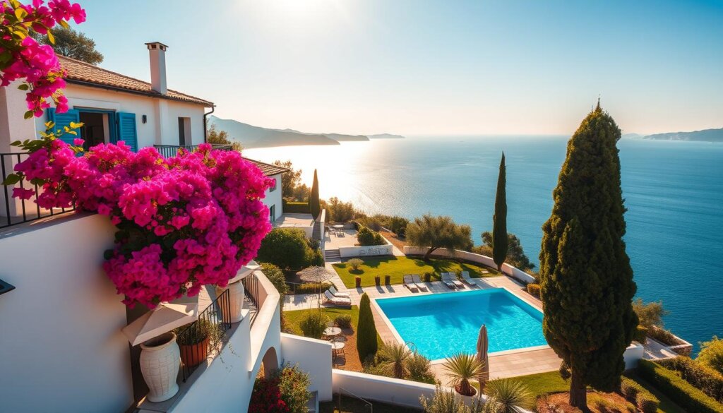 A sun-drenched Mediterranean villa nestled on a hillside, with whitewashed walls and terracotta roofs. The foreground features a bougainvillea-draped balcony, overlooking a turquoise pool and lush, manicured gardens. In the middle ground, olive trees and cypress trees sway gently in the sea breeze. The background showcases the sparkling azure waters of the Aegean Sea, with distant mountains and a cloudless sky bathed in warm, golden light. The scene evokes a sense of relaxation, luxury, and the timeless allure of Turkey's picturesque Mediterranean coast.