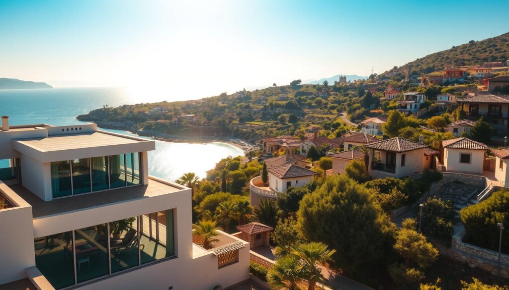 A sun-drenched coastal town in Side, Turkey, showcasing a diverse array of property options. In the foreground, a modern villa with clean lines and expansive windows overlooking the glimmering Mediterranean. In the middle ground, traditional Turkish houses with red-tiled roofs and ornate balconies dot the hillside. The background reveals a patchwork of lush greenery, dotted with ancient ruins and the shimmering blue of the sea. The scene is illuminated by warm, golden sunlight, casting a serene and inviting atmosphere. Capture the essence of Side's diverse real estate landscape, from contemporary luxury to historic charm, all within a picturesque Mediterranean setting.