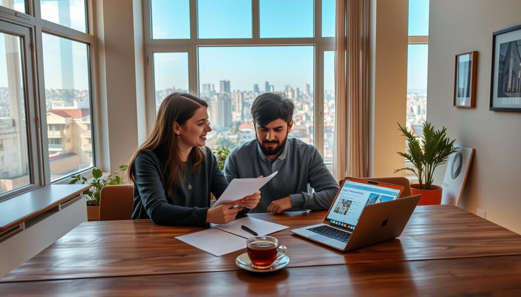 A sun-drenched modern apartment interior with large windows overlooking a bustling Turkish cityscape. In the foreground, a young couple sits at a wooden table, carefully examining paperwork and discussing their first-time property purchase. The woman gestures animatedly, while the man listens intently. Warm, indirect lighting creates a cozy, contemplative atmosphere. On the table, a laptop displays a property listing, and a cup of Turkish tea sits nearby. The middle ground features bookshelves, plants, and framed artwork, reflecting the couple's personal style. The background showcases the vibrant city skyline, hinting at the exciting possibilities of their new home.