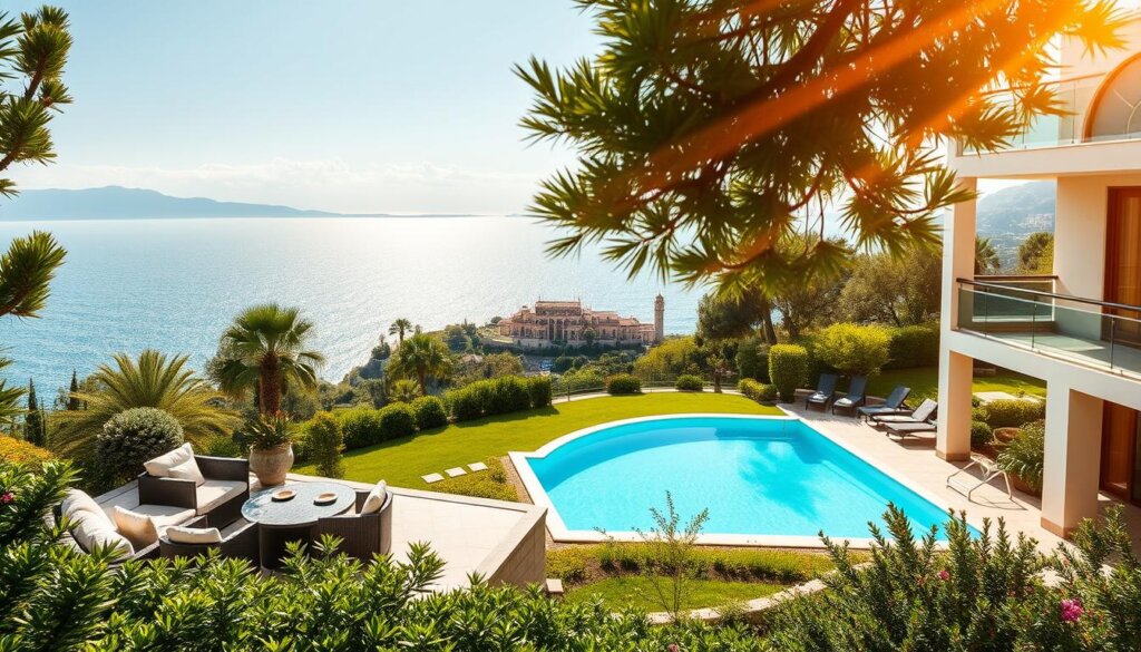 A sun-drenched modern villa nestled amidst the lush, verdant gardens of Alanya, Turkey. In the foreground, a tastefully furnished patio with cozy seating offers panoramic views of the shimmering Mediterranean. The middle ground showcases a pristine, private pool surrounded by manicured landscaping. In the background, the iconic Alanya Castle and the glistening turquoise waters create a picturesque scene. Warm, golden lighting filters through the air, evoking a sense of tranquility and relaxation. The image conveys the key benefits of investing in "New Home in Turkey" - a luxurious, peaceful haven with unparalleled natural beauty and prime coastal living.