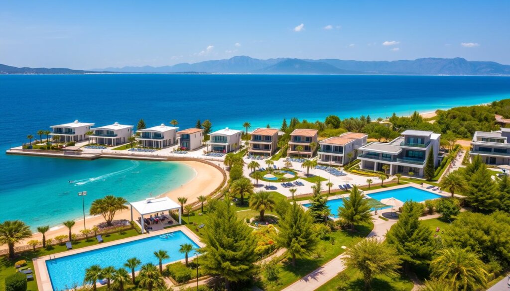 A sun-drenched seaside landscape in Belek, Turkey, showcasing a collection of modern, luxurious real estate properties nestled along the glistening Mediterranean shoreline. In the foreground, beautifully landscaped gardens and pristine swimming pools reflect the vibrant blue sky above. In the middle ground, sleek, contemporary villas and apartments boast balconies and terraces with panoramic views of the turquoise waters. In the background, the majestic Taurus Mountains rise, creating a picturesque and serene backdrop. The scene evokes a sense of tranquility, exclusivity, and investment potential, highlighting the appealing lifestyle and abundant opportunities available for real estate buyers in this desirable Turkish resort town.