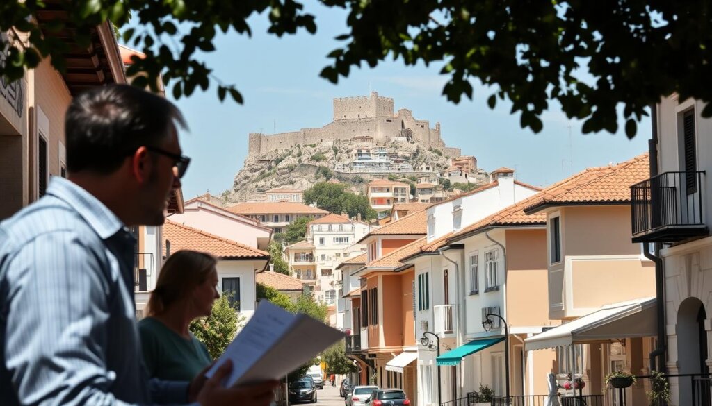 A sun-drenched street in Alanya, Turkey, with traditional Mediterranean architecture. In the foreground, a local real estate agent engages with a prospective buyer, gesturing towards property documents. The middle ground showcases a mix of residential and commercial buildings, their terra-cotta roofs and whitewashed walls creating a picturesque scene. In the background, the iconic Alanya Castle perches atop a rocky promontory, overlooking the sparkling turquoise waters of the Mediterranean. Soft, warm lighting illuminates the scene, conveying a sense of tranquility and the leisurely pace of the property acquisition process.