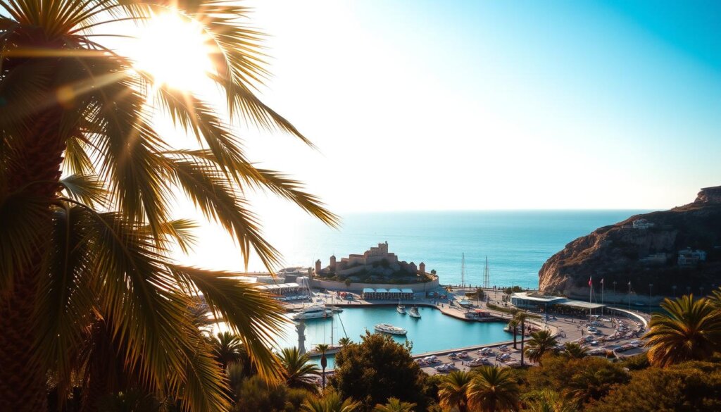 A sun-drenched winter landscape in Alanya, Turkey, bathed in warm, golden light. In the foreground, sun-dappled palm trees sway gently, their fronds casting intricate shadows on the ground. A picturesque harbor with bobbing boats and a bustling promenade stretches out in the middle ground, surrounded by the iconic Alanya Castle and ancient citadel atop a rugged cliff. In the distance, the sparkling azure waters of the Mediterranean Sea meet the clear, cloudless sky, creating a seamless horizon. The scene exudes a peaceful, tranquil atmosphere, capturing the essence of Alanya's abundant winter sunshine and long daylight hours.