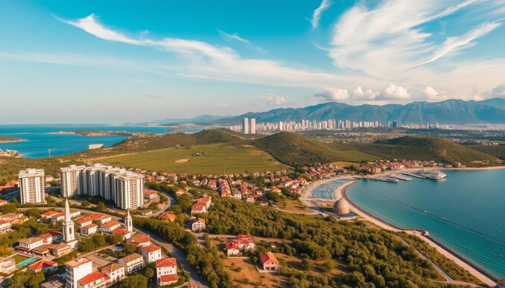 A sweeping aerial view of Turkey's most captivating regional property hotspots. Gleaming high-rise apartments nestled between the turquoise waters of the Aegean and the majestic Taurus Mountains. In the foreground, a bustling seaside town with whitewashed buildings and red-tiled roofs. The middle ground features lush olive groves and vineyards, dotted with charming villas and country estates. In the distance, the skyline of a thriving cosmopolitan city, its modern skyscrapers reaching towards the sun-dappled sky. Warm Mediterranean light filters through wispy clouds, casting a golden glow over the diverse landscapes. Tranquil and inviting, this panoramic scene captures the essence of Turkey's vibrant real estate market.