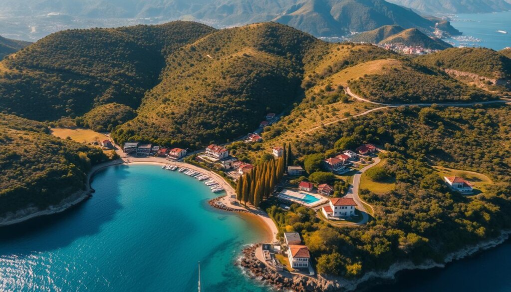 A sweeping aerial view of the picturesque Fethiye region, Turkey. The lush, rolling hills dotted with vibrant Mediterranean villas and apartments cascade down to the sparkling azure waters of the Aegean Sea. Warm, golden sunlight bathes the scene, creating a serene, idyllic atmosphere. The camera angle provides a bird's-eye perspective, allowing the viewer to take in the prime property locations nestled among the scenic coastline and charming neighborhoods. Crisp, high-resolution detail captures the unique architectural styles and breathtaking natural landscapes that make Fethiye a premier destination for luxury real estate.