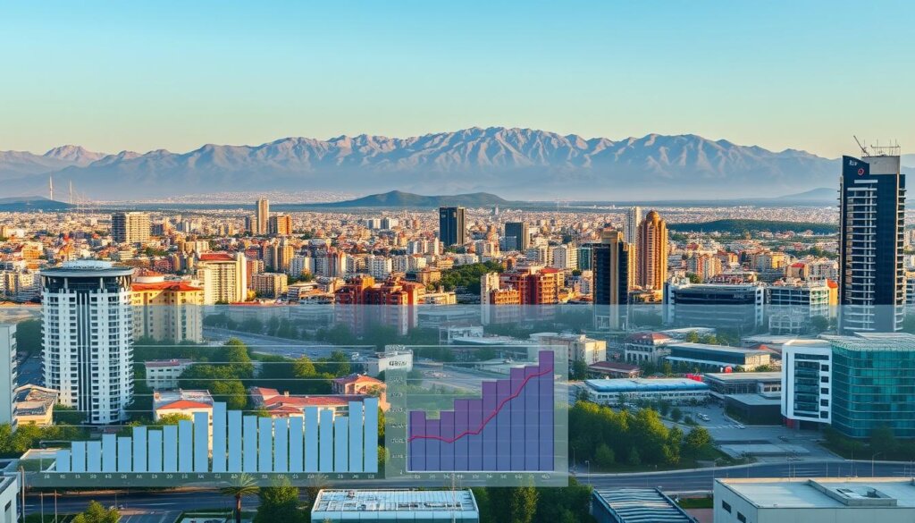 A sweeping panoramic view of Antalya's cityscape, with the majestic Taurus Mountains rising in the background. In the foreground, a series of neatly organized charts and graphs depicting the city's property tax rates, presented against a backdrop of modern architectural elements, such as sleek high-rise buildings and urban infrastructure. The lighting is soft and warm, creating a sense of transparency and clarity, while the composition emphasizes the importance of the tax information and its integration into the city's dynamic landscape. The overall tone is one of informative professionalism, guiding the viewer through the complexities of Antalya's property tax system.
