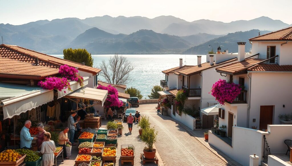 A vibrant Mediterranean scene in Fethiye, Turkey. In the foreground, a bustling open-air market with colorful produce stalls and locals haggling over fresh fruits and vegetables. In the middle ground, whitewashed buildings with terracotta roofs line a winding cobblestone street, their balconies draped with cascading bougainvillea. In the background, the turquoise waters of the Aegean Sea glisten under a warm, golden afternoon sun, with the rugged Taurus Mountains rising majestically in the distance. The atmosphere is one of relaxed, sun-drenched leisure, capturing the essence of Fethiye's thriving real estate market and the allure of its Mediterranean lifestyle.