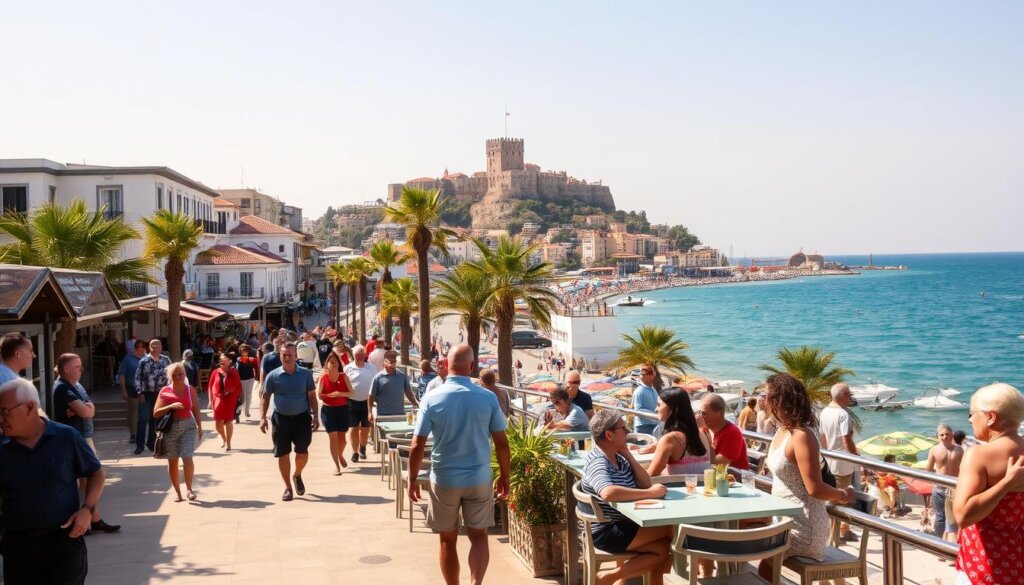 A vibrant and sun-drenched Alanya lifestyle unfolds, with locals strolling along the picturesque promenade overlooking the sparkling turquoise waters of the Mediterranean. In the foreground, a lively outdoor café setting invites residents to savor local cuisine and socialize. The middle ground features palm-lined streets and whitewashed buildings, reflecting the region's distinctive architectural charm. In the background, the imposing Alanya Castle towers majestically, a testament to the city's rich history. Warm, golden lighting illuminates the scene, creating a welcoming and relaxed ambiance that captures the essence of Alanya's sought-after residential experience.