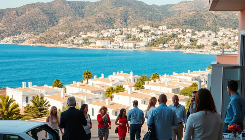 A vibrant cityscape of Kas, a picturesque coastal town in Turkey. In the foreground, a bustling real estate office with agents discussing property details with clients. Middle ground showcases rows of Mediterranean-style villas and apartments, their whitewashed facades reflecting the warm afternoon sunlight. In the background, the shimmering azure waters of the Aegean Sea meet the hilly terrain, dotted with lush greenery. The scene conveys an atmosphere of prosperity, as the thriving property market is highlighted by the active negotiations and the well-maintained, desirable residences. Captured with a wide-angle lens to provide a comprehensive view of the Kas real estate landscape.