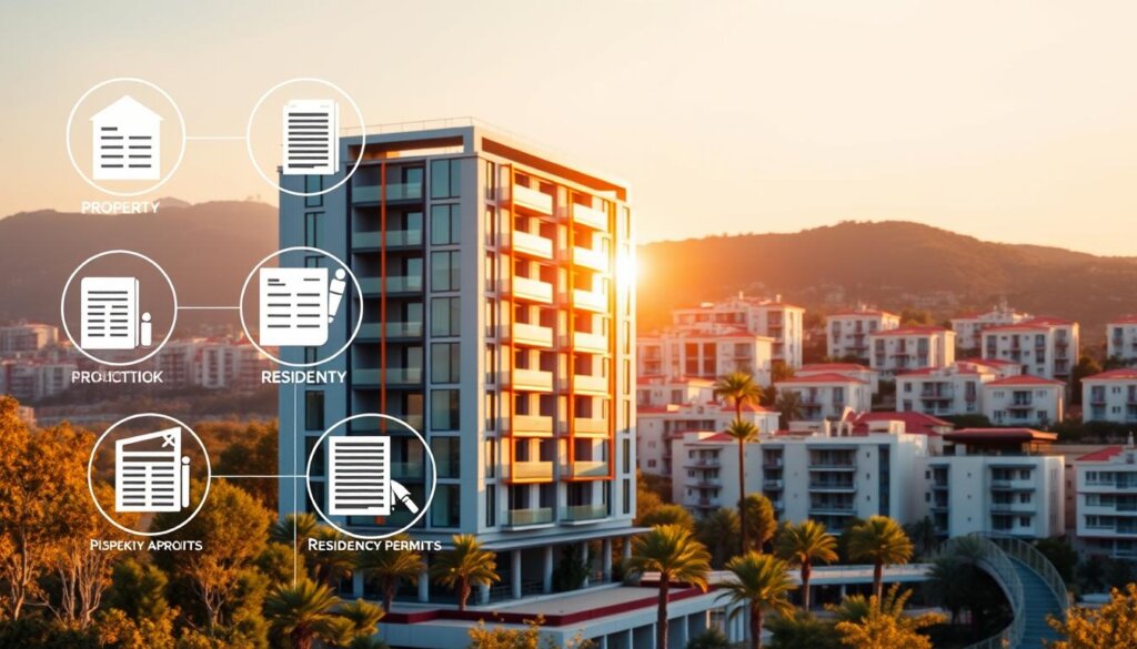 A vibrant, high-resolution architectural illustration depicting the key legal aspects of Turkish property ownership for foreign buyers. In the foreground, detailed icons representing property deeds, residency permits, and legal contracts. In the middle ground, a sleek, modern apartment building with an Alanya cityscape in the background, bathed in warm, golden light. The composition conveys a sense of professionalism, transparency, and the smooth navigation of the Turkish real estate market for international investors.