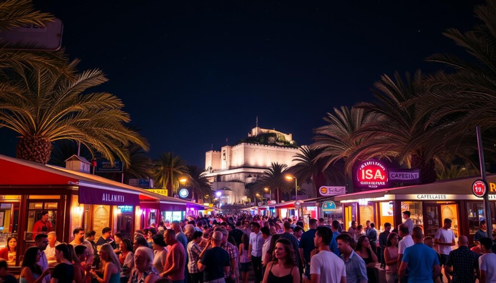 A vibrant nightscape of Alanya's bustling promenade, illuminated by the warm glow of lively cafes, bars, and restaurants. In the foreground, clusters of people spill out onto the streets, laughing and chatting over drinks. The middle ground features the iconic Seljuk-era castle, its silhouette looming majestically against a starry sky. The background is dotted with palm trees swaying gently in a cool, coastal breeze. Neon signs and twinkling lights create a lively, inviting atmosphere, drawing visitors to experience the pulse of Alanya's thriving nightlife.