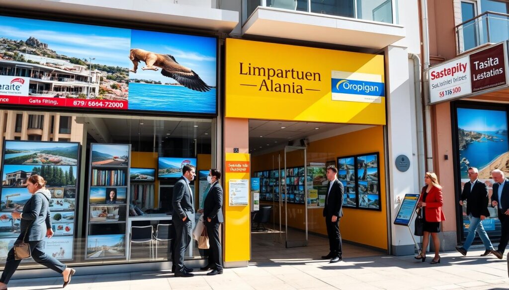 A vibrant real estate office in the heart of Alanya, Turkey. The sun-drenched storefront displays an array of property listings, from seaside villas to modern apartments. Smartly dressed agents greet potential buyers, showcasing the city's beachfront lifestyle and stunning Mediterranean vistas. Through large windows, passersby catch glimpses of digital screens displaying property details and virtual tours. The warm, inviting atmosphere reflects the energy and allure of Alanya's thriving real estate market. A sense of opportunity and possibility permeates the scene, enticing visitors to explore the possibilities of owning a piece of this enchanting coastal town.