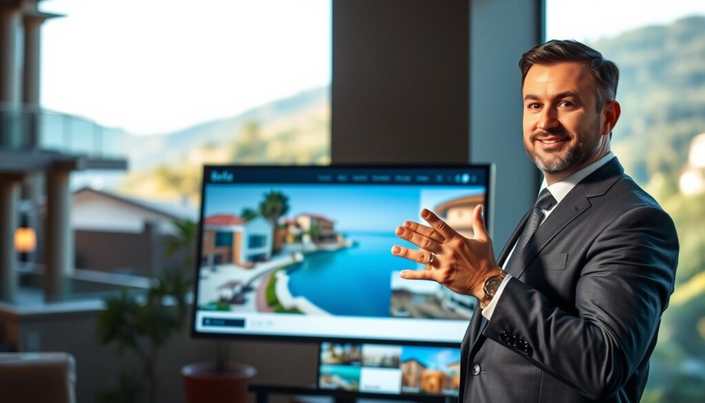 A well-dressed Turkish real estate expert, Aydın Çakır, gestures confidently while presenting a digital display showcasing Belek's stunning seaside properties. Warm, natural lighting illuminates the scene, creating a professional yet inviting atmosphere. The expert's expression is engaging, conveying his deep expertise and passion for the local real estate market. The background subtly features architectural elements and verdant landscapes, hinting at the desirable lifestyle and investment opportunities in Belek, Turkey.