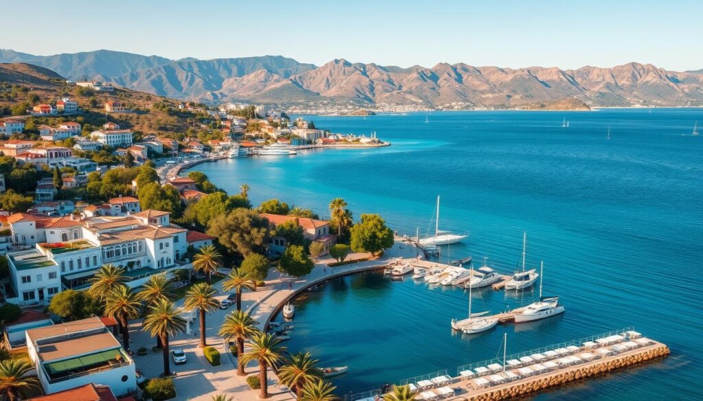 Aerial view of a seaside town in Turkey, Kas, showcasing its picturesque harbor, whitewashed buildings, and crystal-clear turquoise waters. In the foreground, a serene coastal promenade lined with palm trees and outdoor cafes. In the middle ground, lush hillsides dotted with Mediterranean-style villas and apartments, each offering stunning views of the Aegean Sea. The background features the rugged Taurus Mountains, their peaks bathed in warm afternoon sunlight. The overall scene exudes a tranquil, sun-drenched atmosphere, capturing the allure and potential for property investment in this charming Turkish destination.