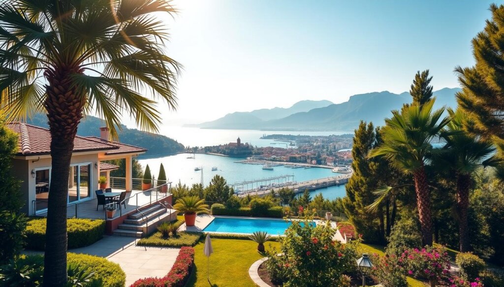 Alanya property investment considerations: A tranquil Mediterranean villa nestled among lush, verdant hills, its terrace overlooking the sparkling azure waters of the Turquoise Coast. Warm, golden light filters through towering palms, casting soft shadows across the well-appointed living spaces. In the foreground, a meticulously manicured garden with vibrant flowers and a private pool, ideal for entertaining or relaxation. The middle ground features a panoramic view of the historic Alanya Castle and bustling harbor, hinting at the area's rich cultural heritage and investment potential. In the distance, the dramatic Taurus Mountains provide a stunning natural backdrop, creating an atmosphere of serenity and exclusivity. The overall scene conveys the key considerations for a successful Alanya property investment: prime location, luxurious amenities, and breathtaking vistas that captivate the senses.