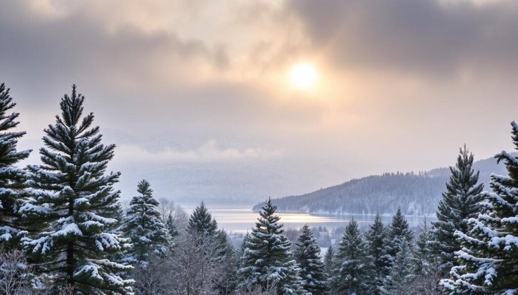 Alanya's winter climate captured in a serene landscape: a snow-capped mountain range in the distance, its peaks shrouded in a veil of mist. In the foreground, a tranquil lake reflects the surrounding pine forests, their branches heavy with fresh snowfall. The warm, golden glow of the sun filters through the clouds, casting a soft, diffused light across the scene. The atmosphere is one of quiet contemplation, inviting the viewer to pause and appreciate the beauty of Alanya's winter wonderland.