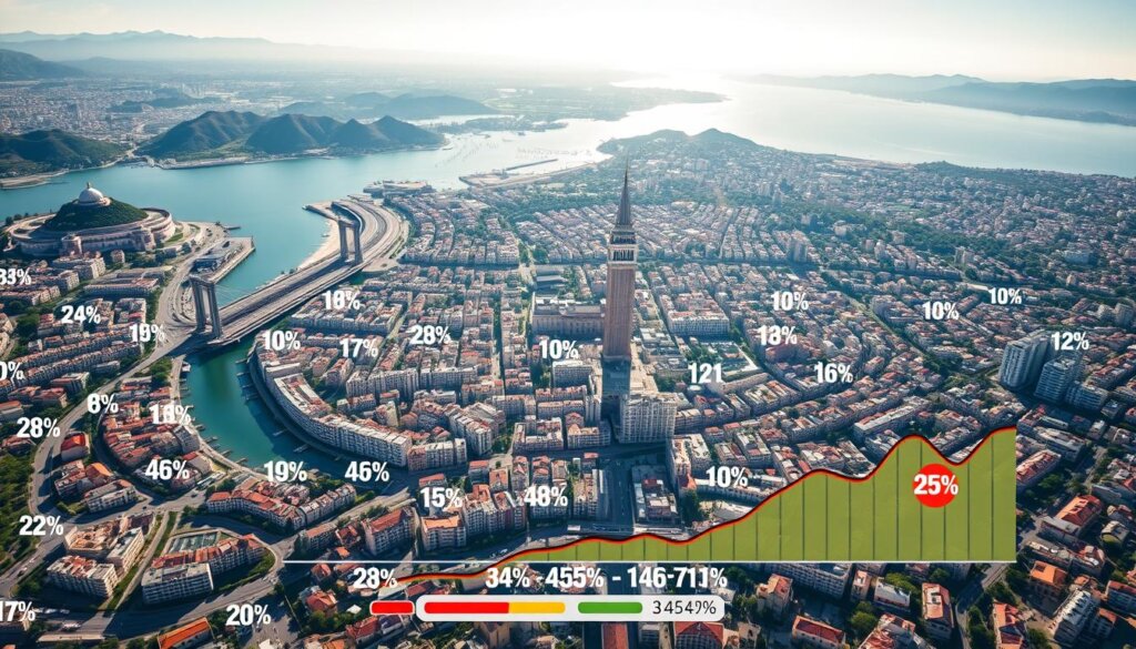 An aerial view of Antalya's cityscape, showcasing the annual changes in property tax rates across different neighborhoods. The image should feature a detailed map of the city, with color-coded zones indicating the tax rate fluctuations over time. The foreground should include a stylized graph or infographic highlighting the percentage changes, while the background should depict the city's iconic landmarks, such as the old town, beaches, and mountains. The lighting should be bright and warm, creating a sense of vibrancy and economic growth. The overall composition should convey a data-driven, yet visually engaging, representation of the topic.