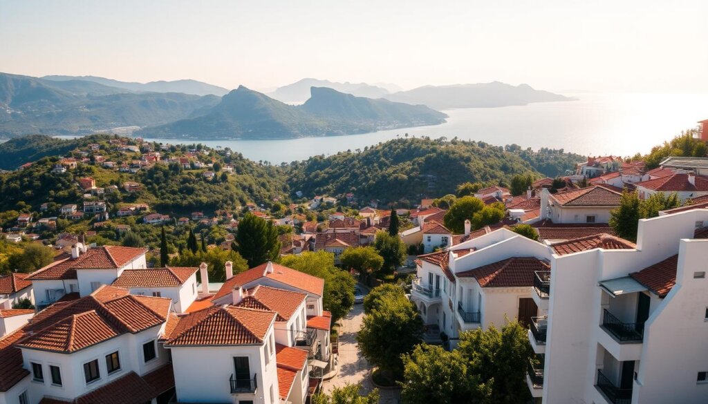 An aerial view of the picturesque neighborhoods of Fethiye, Turkey, bathed in warm Mediterranean sunlight. In the foreground, rows of charming whitewashed buildings with terracotta roofs and balconies overlooking the bustling streets. In the middle ground, lush green hills dotted with clusters of homes, each with its own unique character. In the distance, the sparkling turquoise waters of the Aegean Sea and the rugged silhouettes of the surrounding mountains. The scene conveys a sense of tranquility and the vibrant local culture, providing a glimpse into the diverse and desirable residential areas that make up this remarkable coastal town.